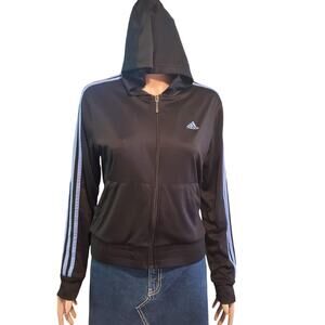 Adidas Size M Athletic Track Full Zip Jacket Black Blue Striped Logo Clima 365